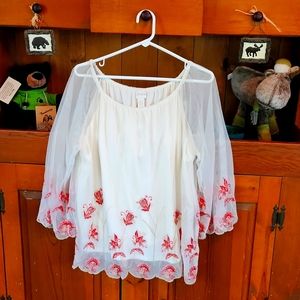 Chicos embroidered floral mesh top for women. Size 2